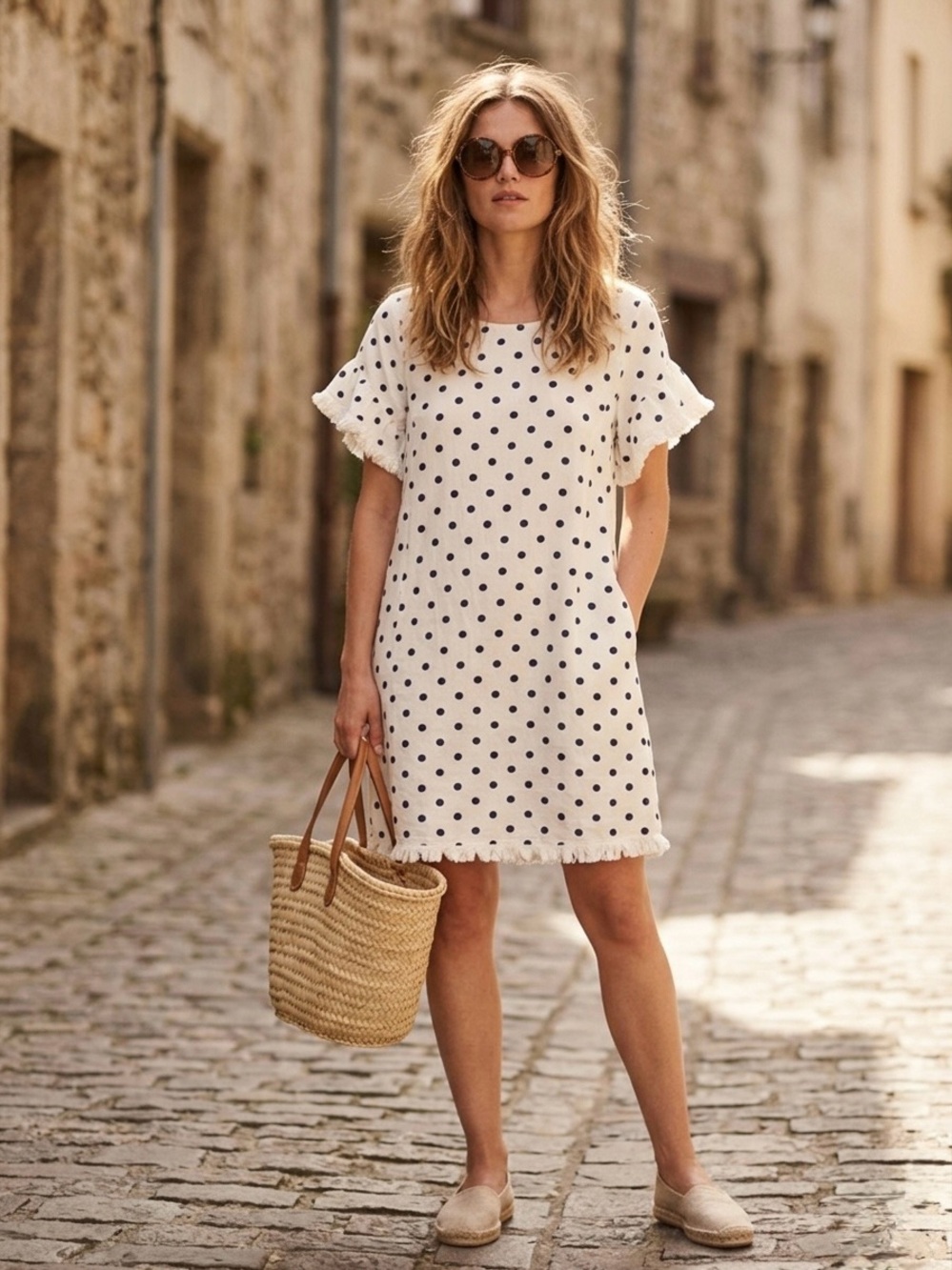 Umgee NWT Polka Dot Linen Blend Tunic Dress Coastal Boho Ruffle Hem Small